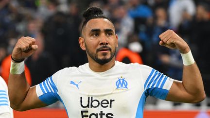 Dimitri Payet célèbre son but lors de Marseille-PAOK Salonique en Ligue Europa conférence le 7 avril 2022. (NICOLAS TUCAT / AFP)