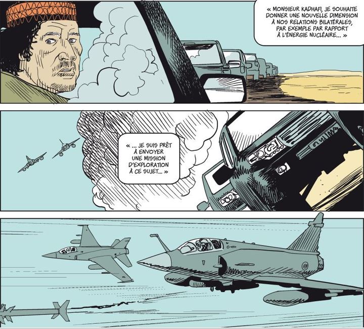 Extrait&nbsp;de la BD "Sarkozy Kadhafi" (Ed. Delcourt)&nbsp; de Fabrice Arfi, Benoît Collombat, Thierry Chavant, Michel Despratx, Elodie Guéguen et Geoffroy Le Guilcher&nbsp;&nbsp;  (Ed.Delcourt)