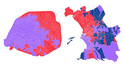 Carte des résultats du premier tour de l'élection présidentielle de 2022, par bureau de vote, à Lyon, Paris et Marseille (de gauche à droite). (FRANCEINFO)