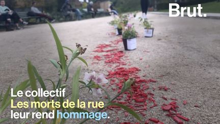 Les membres de l'organisation "Les morts de la rue" honorent avec quelques fleurs les SDF décédés. Géraldine Franck, présidente du collectif, pointe l'attentisme des politiques.