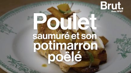 Voici une recette durable du chef Florent Ladeyn, avec du poulet bio élevé en plein air : le poulet saumuré et son potimarron poêlé.