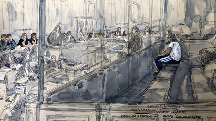 Croquis réalisé le 25 septembre 2023 pendant le procès de l’attentat de Magnanville, à la cour d’assises spéciale de Paris. (BENOIT PEYRUCQ / AFP)