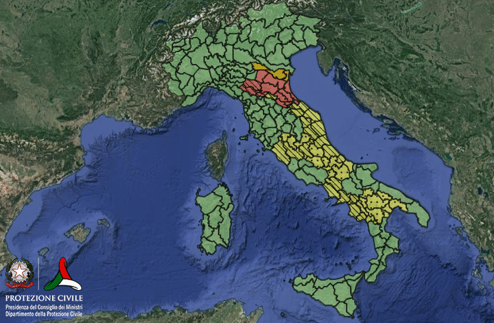 Carte de vigilance de la protection civile italienne pour la journée du 18 mai 2023. (PROTECTION CIVILE ITALIENNE)