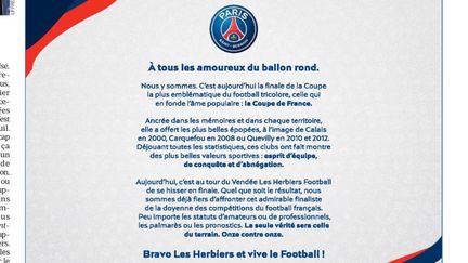 Capture d'écran du message diffusée dans la presse par le PSG pour la finale de la Coupe de France, le 8 mai 2018. (LEPARISIEN)