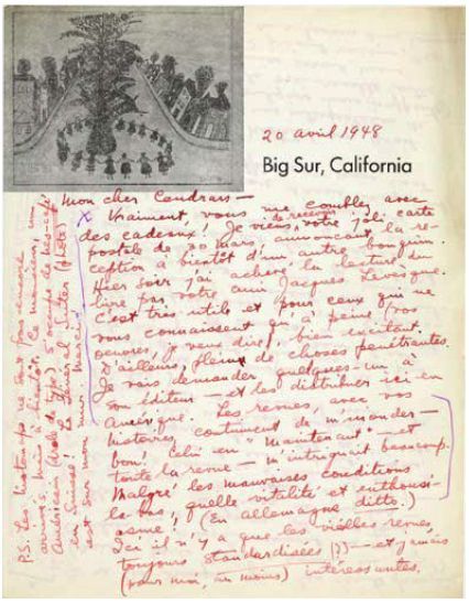 Lettre rédigée le 20 avril 1948 à l'encre rouge sur l'un des nombreux papier à en-tête que Miller "empruntait" à ses amis peintres. Il faisait aussi imprimer son papier à lettre en utilisant différentes typographies pour son adresse, ici un tableau de Emil White, daté de 1946.
 (The Estate of Henry Miller)