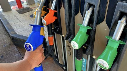 Des pistolets de carburant dans une station-service, le 22 mars 2023. (VALLAURI NICOLAS / MAXPPP)