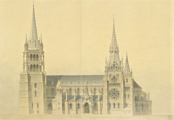 Élévation perspective de la façade sud de la cathédrale de Lausanne - Henri Assinare (1826-1898) ; 1878-1879
	Dessin ; plume, lavis, aquarelle, Chavannes-près-Renens (Suisse), Archives cantonales vaudoises, SB 52/B-4-4
 (© Archives cantonales vaudoises)