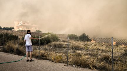 Un incendie a frappé la région de Lagonissi, à environ 35 kilomètres d'Athènes, le 17 juillet 2023. (SPYROS BAKALIS / AFP)