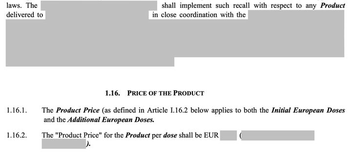 Extrait du contrat expurgé signé par&nbsp;Curevac&nbsp;avec la Commission Européenne (FRANCEINFO / RADIOFRANCE)