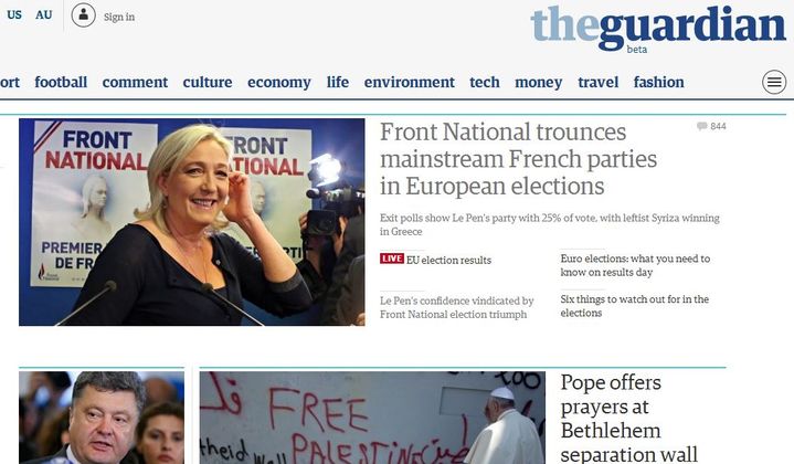 Capture d'&eacute;cran du site du "Guardian", dans la soir&eacute;e du 25 mai 2014. (FRANCETVINFO)