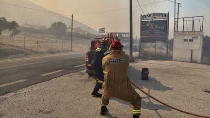 Des pompiers luttent contre les flammes, à une cinquantaine de kilomètres d'Athènes, le 17 juillet 2023. (SPYROS BAKALIS / AFP)