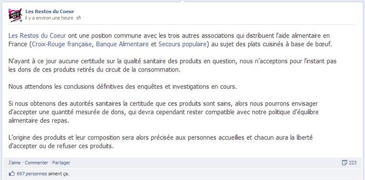 Capture d'&eacute;cran du message post&eacute; le 19 f&eacute;vrier 2013 sur Facebook par les Restos du C&oelig;ur concernant le scandale de la viande de cheval.&nbsp; (FACEBOOK / FRANCETV INFO)