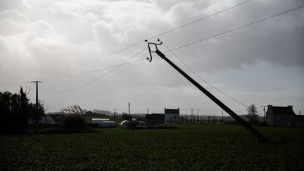 Un poteau électrique renversé par la tempête Ciaran à Kerlouan en Bretagne le 4 novembre 2023. (VINCENT FEURAY / HANS LUCAS)