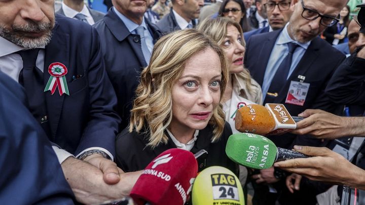 The President of the Council of Ministers of Italy, Giorgia Meloni, during a ceremony in Rome, June 2, 2024. (RICCARDO DE LUCA / ANADOLU / AFP)