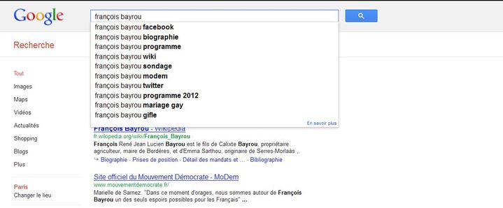 Catpure d'écran d'une recherche "François Bayrou" sur Google (DR)