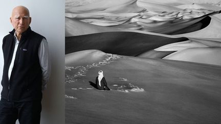 Sebastião Salgado au Musée de l'Homme à Paris (4 décembre 2018) et photo Sebastião Salgado, "Moment de prière dans les grandes dunes de sable à Maor, Tadrart. Sud de Djanet, Algérie, 2009"
 (A gauche © Photo Frédéric Dugit / PhotoPQR / Le Parisien / MaxPPP - A droite © Sebastião Salgado)