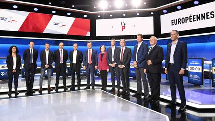 Les 12 têtes de listes présentes au premier grand débat télévisé de la campagne des élections européennes, sur le plateau de "L'Emission politique" de France 2, le 4 avril 2019 à Saint-Cloud (Hauts-de-Seine).&nbsp; (BERTRAND GUAY / AFP)