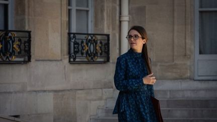 La ministre démissionnaire Aurore Bergé quitte l'Elysée, à Paris, le 16 juillet 2024, (TELMO PINTO / NURPHOTO / AFP)