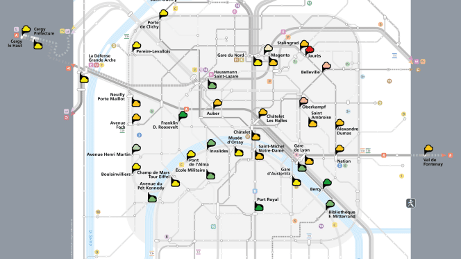 La carte de la qualité de l'air dans des stations du métro et du RER parisien. (AIR PARIF / ILE DE FRANCE MOBILITES)