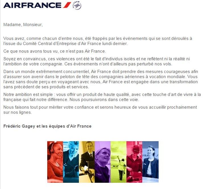 La compagnie a adress&eacute; un message &agrave; ses clients pour les rassurer, le 9 octobre 2015. (AIR FRANCE)