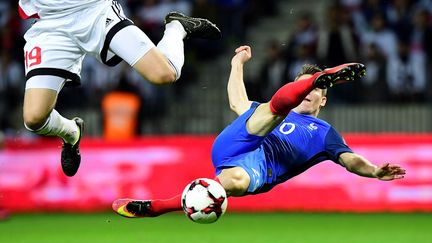 Kevin Gameiro, entré en deuxième mi-temps, lors du match entre la Biélorussie et la France, le 6 septembre 2016, à Borisov. (FRANCK FIFE / AFP)