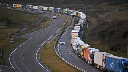 Des camions à l'arrêt sur la route du port de Douvres, dans le Kent (Royaume-Uni), le 17 décembre 2020.&nbsp; (BEN STANSALL / AFP)