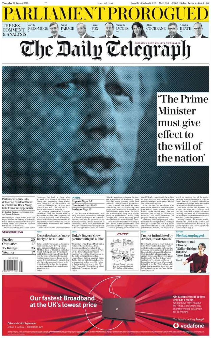 La une du Daily Telegraph, le 29 août 2019. (THE DAILY TELEGRAPH)