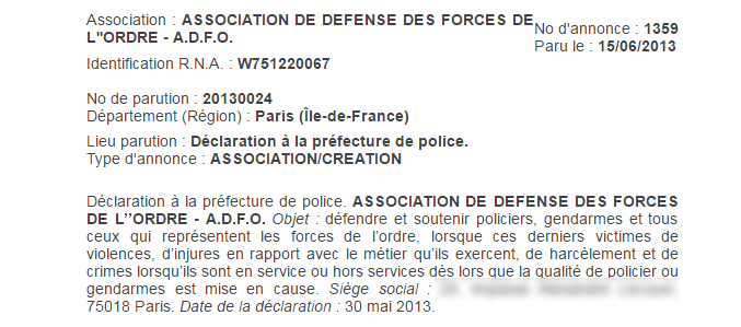 Déclaration au "Journal officiel" de la création d'une association fondée par Rodolphe Schwartz, en mai 2013. (JOURNAL OFFICIEL)