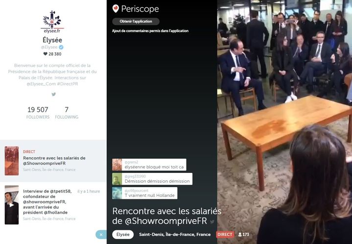 Capture d'écran des commentaires sur Periscope lors de la visite&nbsp;de François Hollande à l'entreprise Showroom privé en Seine-Saint-Denis, le 1er mars 2016.&nbsp; (Periscope)