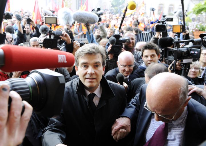 Arnaud Montebourg, alors ministre du Redressement productif, à Florange (Moselle), le 27 septembre 2012. (JEAN-CHRISTOPHE VERHAEGEN / AFP)