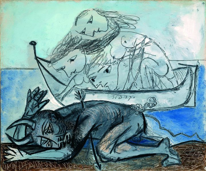 Pablo Picasso, "Barques de na&iuml;ades et faune bless&eacute;", 1937. Huile et fusain sur toile, 46 x 55 cm, collection particuli&egrave;re. (PHOTO MAURINE AESCHIMANN, GENÈVE / SUCCESSION PICASSO)