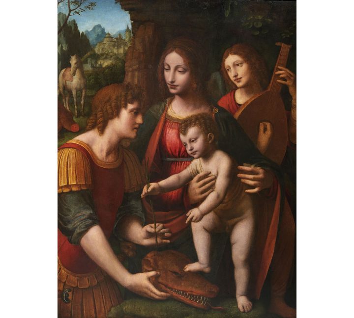 Bernardino Luini, "Vierge à l'Enfant avec saint Georges et un ange musicien", huile sur panneau (coutesy Aguttes)