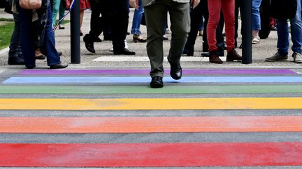 Un passage piéton aux couleurs&nbsp;de l'arc-en-ciel LGBT à Périgueux, le 17 mai 2018 (photo d'illustration). (GEORGES GOBET / AFP)