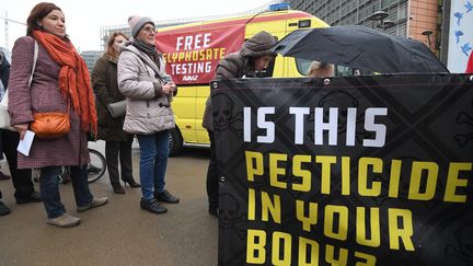 Rassemblés devant la Commission européenne à Bruxelles, le 8 novembre 2017, des citoyens européens font la queue pour tester si leur urine contient du glyphosate. (EMMANUEL DUNAND / AFP)