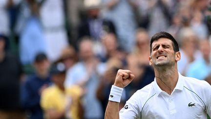 Novak Djokovic&nbsp;a écarté Cristian Garin&nbsp;en 8es de finale de Wimbledon lundi 5 juillet 2021. (GLYN KIRK / AFP)