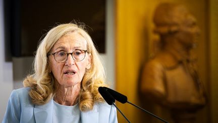 La ministre de l'Education nationale démissionnaire, Nicole Belloubet, lors d'une conférence de presse sur la rentrée scolaire, le 27 août 2024. (AMAURY CORNU / AFP)