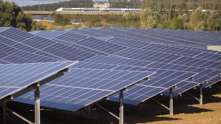 Dans le plus grand parc solaire d'Ile-de-Fran à Marcoussis, lors de son inauguration le 4 octobre 2021.&nbsp; (VINCENT ISORE / MAXPPP)