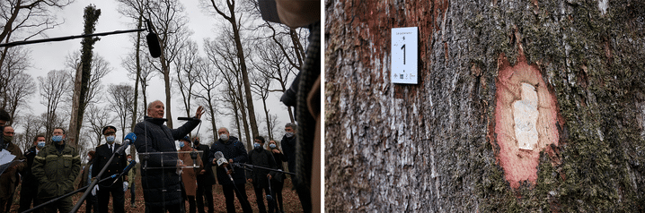 Le général Jean-Louis Georgelin, président de l'établissement public pour la réhabilitation de la cathédrale Notre-Dame, s'adresse à la presse lors d'une visite de la forêt de Berce à Jupilles, le 5 mars 2021. (THOMAS COEX / AFP)