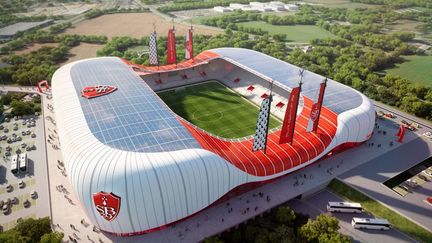 Un visuel réalisé par ordinateur de la future enceinte du Stade Brestois, qui pourrait être livrée d'ici 2026. (FRANCOIS DE LA SERRE ARCHITECTURE via AFP)