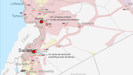 Capture d'écran d'une carte montrant les sites visés par les frappes occidentales en Syrie, le 14 avril 2018. (NICOLAS ENAULT / FRANCEINFO)