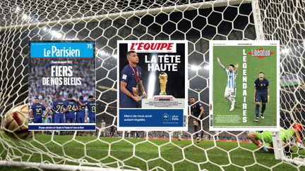 Les unes de la presse nationale, lundi 19 décembre, après la défaite de l'équipe de France en finale du Mondial au Qatar. (ADRIAN DENNIS / AFP (fond))