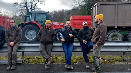 Des agriculteurs se réveillent d'une nuit passée dans leurs tracteurs garés sur l'autoroute, le 23 janvier 2024, au Passage, près d'Agen (Lot-et-Garonne). (FABIEN MAGNENOU / FRANCEINFO)