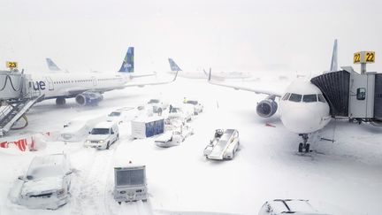 La "bombe cyclonique" a paralysé&nbsp;le trafic à l'aéroport J. F. Kennedy de New York et provoqué l'annulation de plus de 4 000 vols dans le nord-est du pays. (REBECCA BUTALA HOW / GETTY IMAGES NORTH AMERICA / AFP)