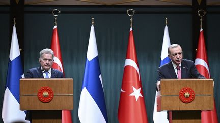 Le président de la Finlande, Sauli Niinisto, et son homologue turc, Recep Tayyip Erdogan, le 17 mars 2023 à Ankara (Turquie). (EMIN SANSAR / ANADOLU AGENCY / AFP)