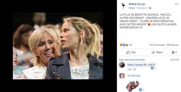 Un message Facebook, publié le 8 février 2019, affirme que la fille de Brigitte Macron, Tiphaine Auzière, va être rémunéré pour organiser une réunion du grand débat national dans le Pas-de-Calais. (FACEBOOK)