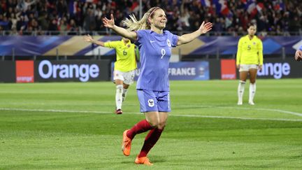 Eugénie Le Sommer, lors de son retour en équipe de France, pour un match amical contre la Colombie le 7 avril 2023. (THIERRY LARRET / MAXPPP)