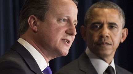 Le pr&eacute;sident am&eacute;ricain Barack Obama et le Premier ministre britannique David Cameron lors d'une conf&eacute;rence de presse commune &agrave; Bruxelles (Belgique), le 5 juin 2014. (SAUL LOEB / AFP)