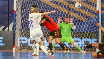 L'équipe de France de futsal face à la Belgique lors d'un match amical à Caen, le 4 février 2024. (DAMIEN DESLANDES  / MAXPPP)