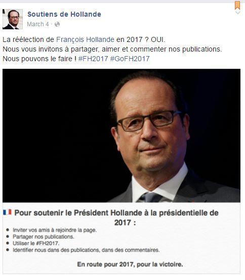 Capture écran de la page Facebook "Soutiens de François Hollande" effectuée mercredi 4 mai 2016. (FACEBOOK)