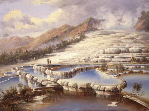 Peinture à l'huile des Terrasses Blanches du lac Rotomahana&nbsp;signée Charles Blomfield. (Charles Blomfield)